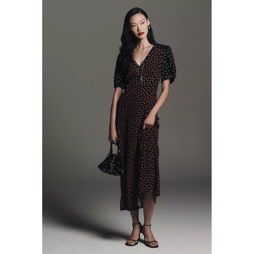 Maeve Anthropologie Heart Polka Dot V Neck A Line Midi Dress Large NWT